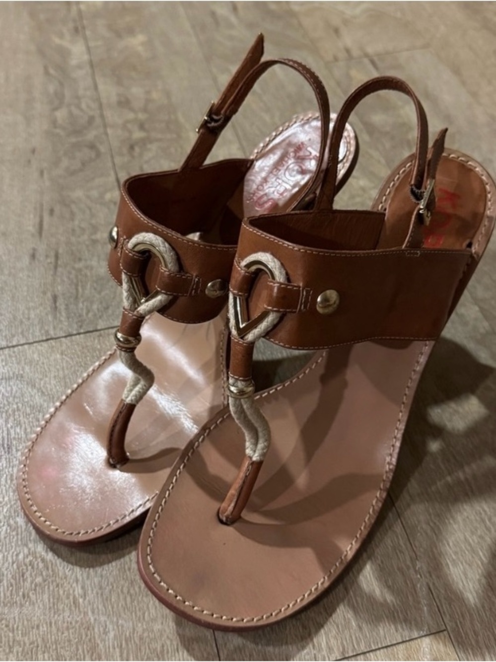 Michael Kors Brown Leather Slingback Thong Sandals